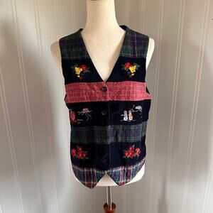 Vintage 90s Christmas Cottagecore Plaid Velvet Vest M